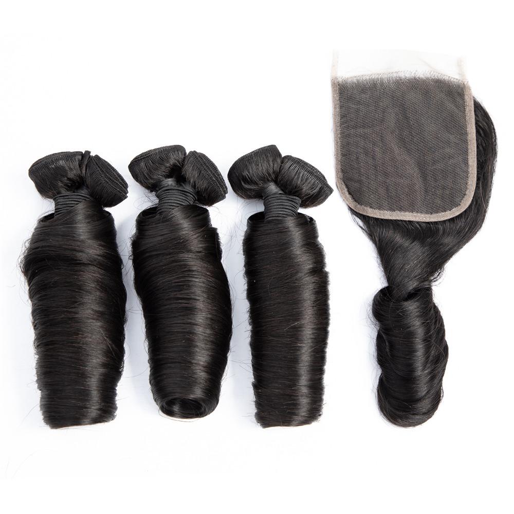 10A Grade 3/4 Straight Bouncy Curl Fumi Human Hair bundles with 4x4 Cl